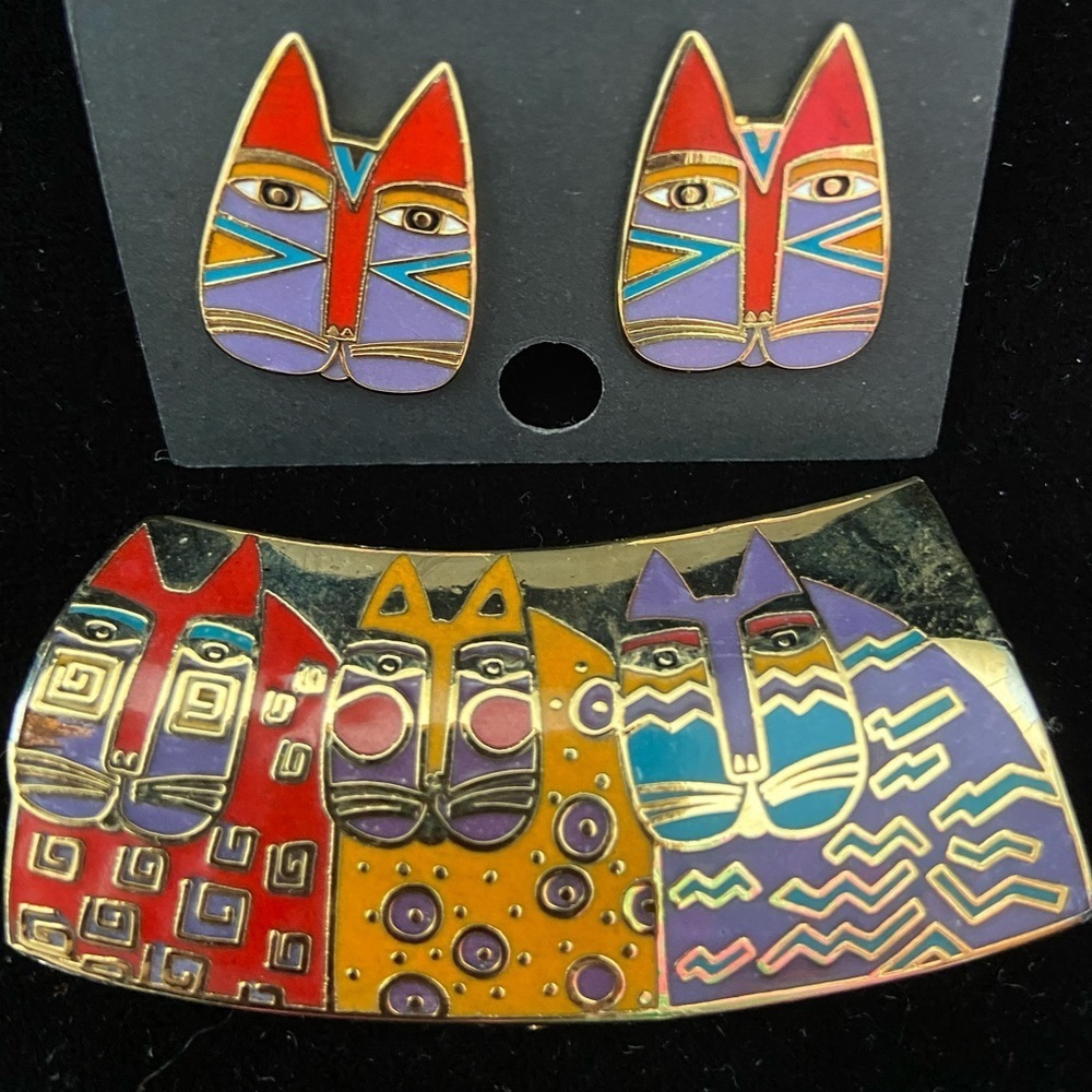 Vintage LAUREL BURCH Gato Cat Earrings & Wild Cats Trio Necklace Slider Pendant